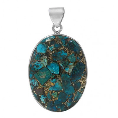 Oval Copper & Chrysocolla Pendant, Sterling Silver