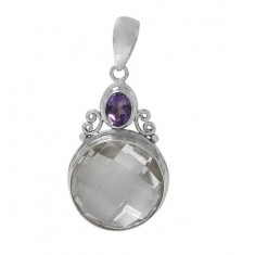 Round Crystal Pendant, Sterling Silver