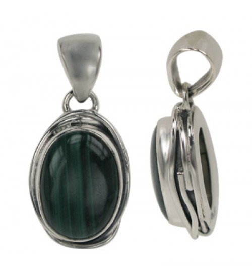 Oval Malachite Pendant, Sterling Silver