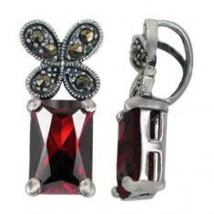 Rectangular Red Marcasite Pendant, Sterling Silver