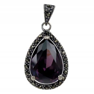Teardrop Purple Marcasite Pendant, Sterling Silver