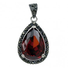 Teardrop Red Marcasite Pendant, Sterling Silver