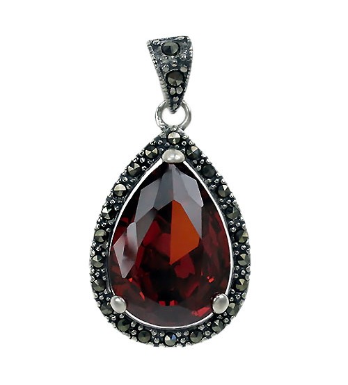 Teardrop Red Marcasite Pendant, Sterling Silver