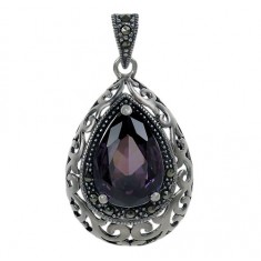 Teardrop Purple Marcasite Pendant, Sterling Silver