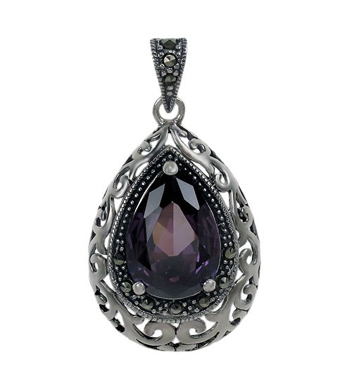 Teardrop Purple Marcasite Pendant, Sterling Silver