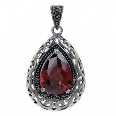 Teardrop Red Marcasite Pendant, Sterling Silver