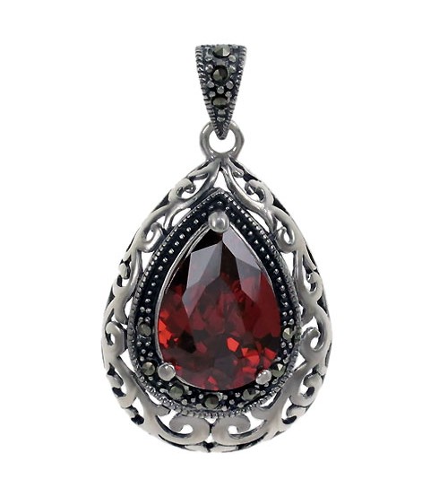 Teardrop Red Marcasite Pendant, Sterling Silver