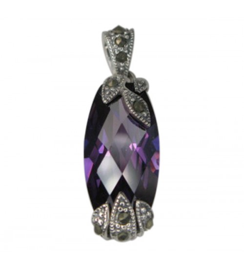 Rounded Rectangular Purple Marcasite Pendant, Sterling Silver