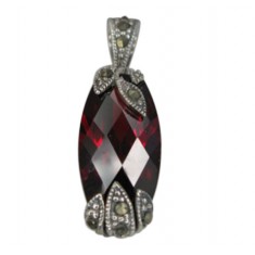 Rounded Rectangular Red Marcasite Pendant, Sterling Silver