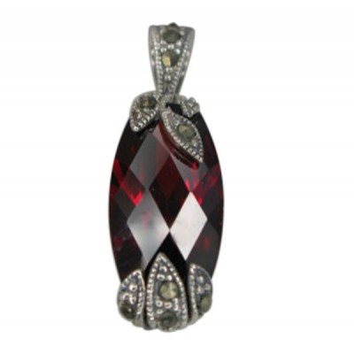 Rounded Rectangular Red Marcasite Pendant, Sterling Silver