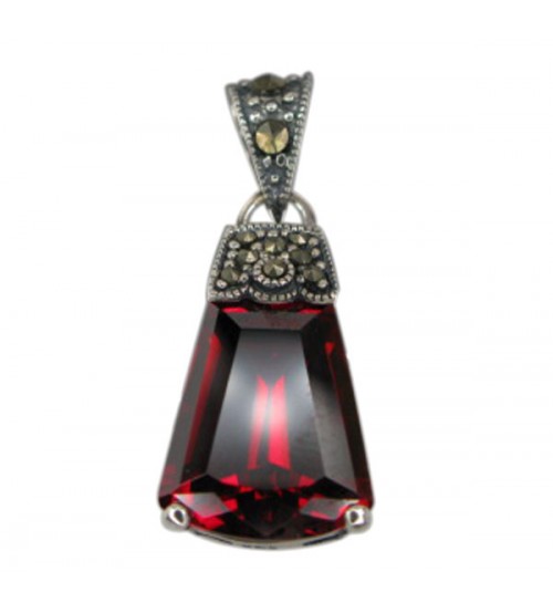Bell Shaped Red Marcasite Pendant, Sterling Silver