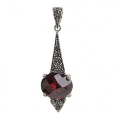 Oval Red Marcasite Pendant, Sterling Silver
