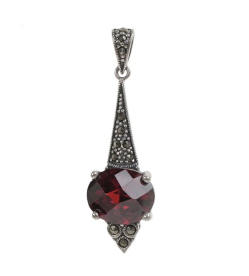 Oval Red Marcasite Pendant, Sterling Silver