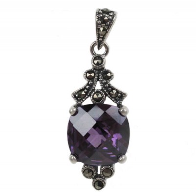 Square Purple Marcasite Pendant, Sterling Silver