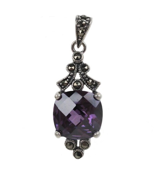 Square Purple Marcasite Pendant, Sterling Silver