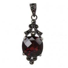 Square Red Marcasite Pendant, Sterling Silver