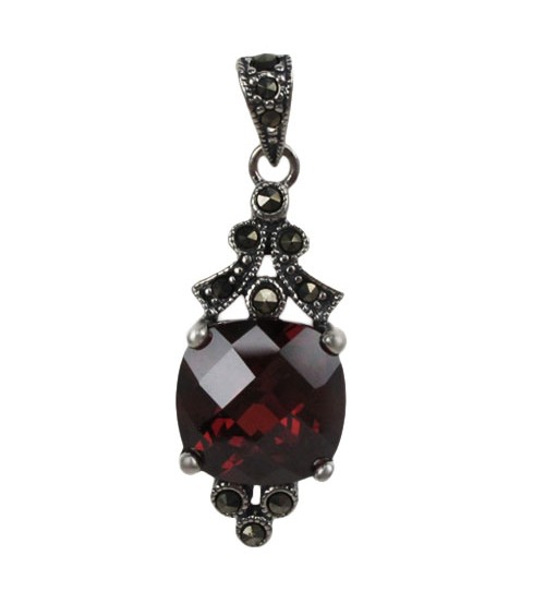 Square Red Marcasite Pendant, Sterling Silver