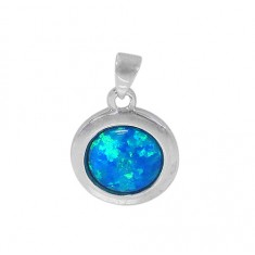 Round Blue Opal Pendant, Sterling Silver