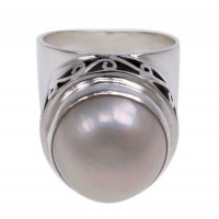 Round White Pearl Ring, Sterling Silver