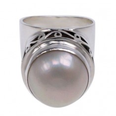 Round White Pearl Ring, Sterling Silver