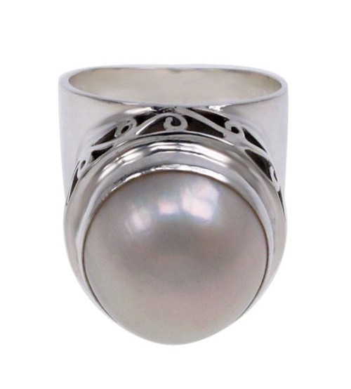Round White Pearl Ring, Sterling Silver
