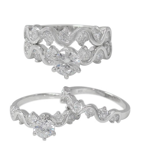 Wavy Ring Set with Faceted Round Cubic Zirconia Stone - 2pc, Sterling Silver